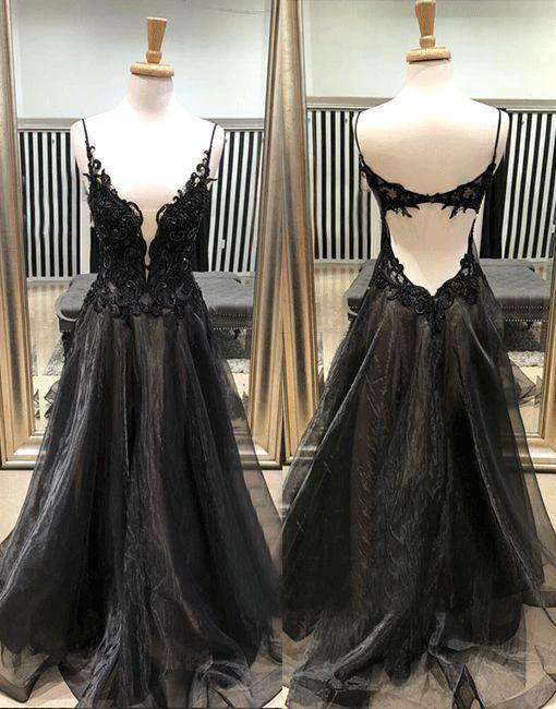 Black v neck lace tulle long prom dress, black evening dress Y1147 - Image 2