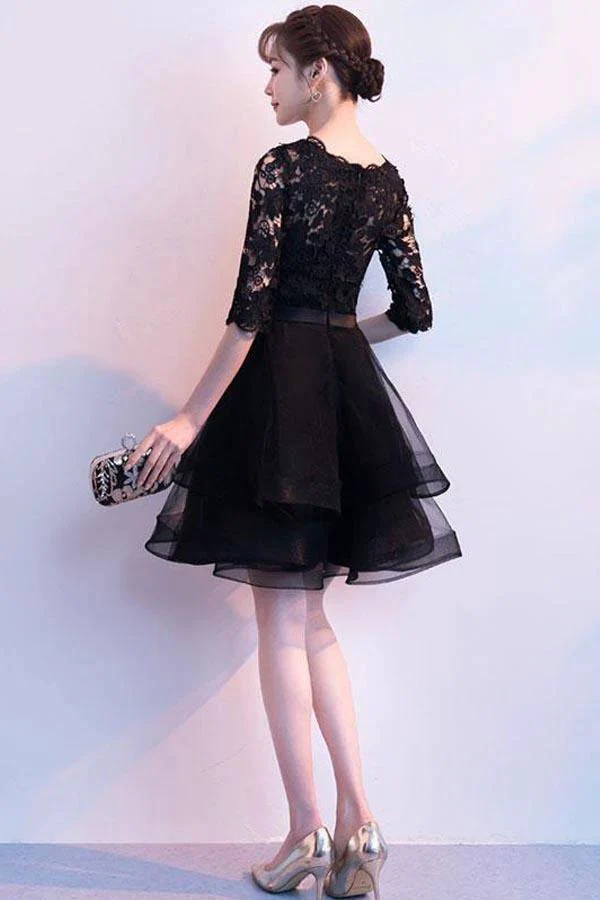 Black V Neck Lace Tulle Short Prom Dress Black Homecoming Dress PD150 - Image 2