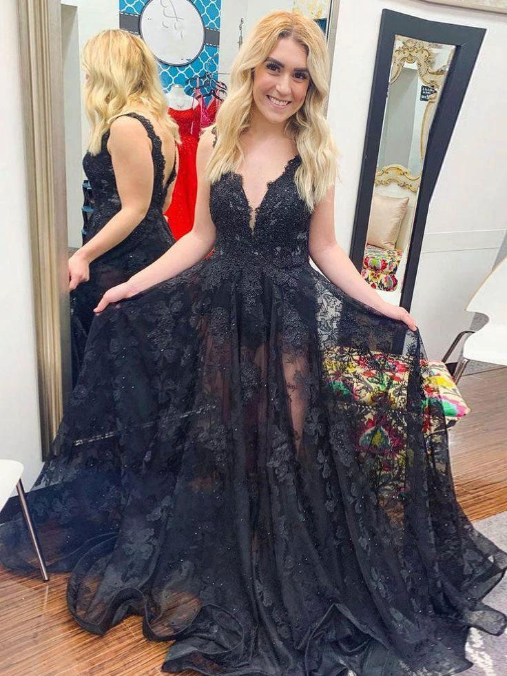 Black v neck tulle lace long prom dress, black tulle lace evening dress Y1773 - Image 2