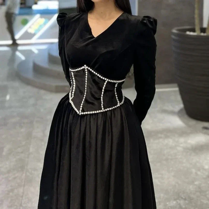 Black Velvet Formal Evening Dresses Women V Neck Long Sleeves Beads White Tulle Bottom Party Gowns Y4852 - Image 2