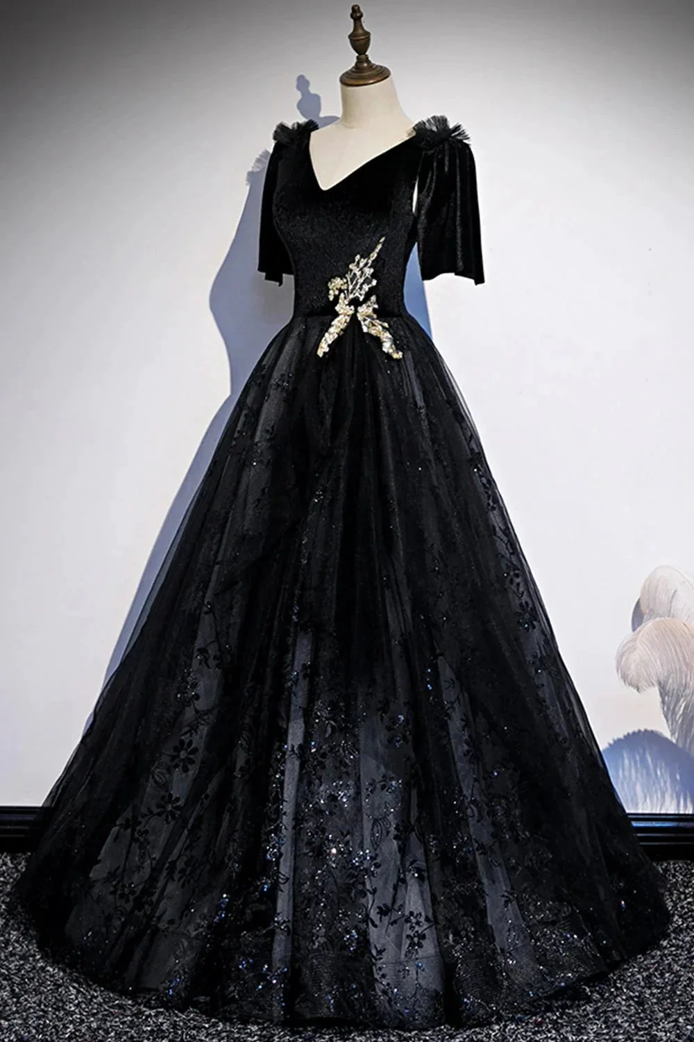 Black velvet lace long prom dress evening dress s103 - Image 2