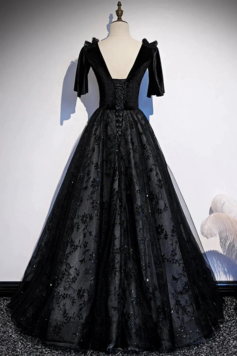 Black velvet lace long prom dress evening dress s103 - Image 3