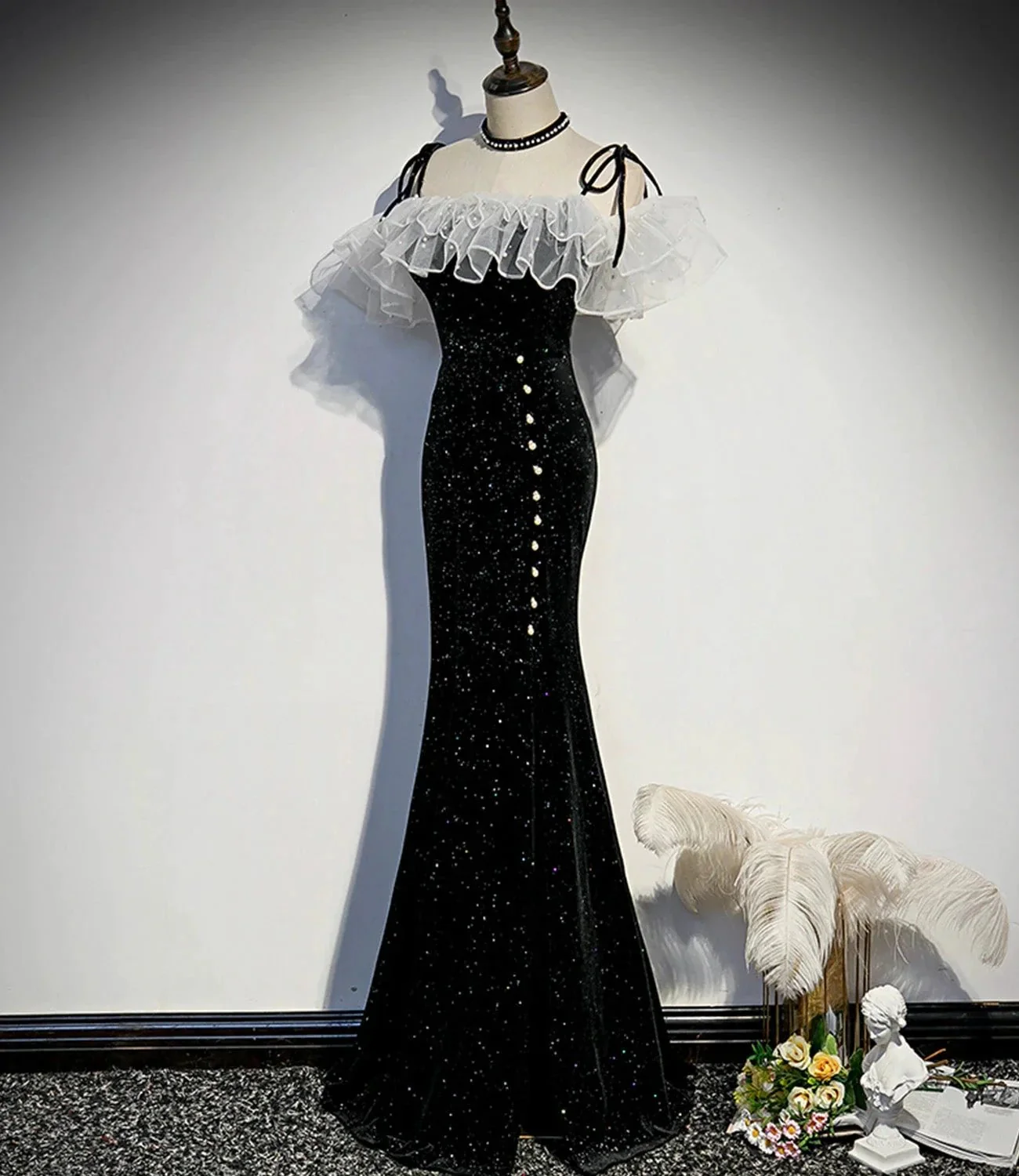 Black velvet long prom dress mermaid evening dress s57 - Image 2