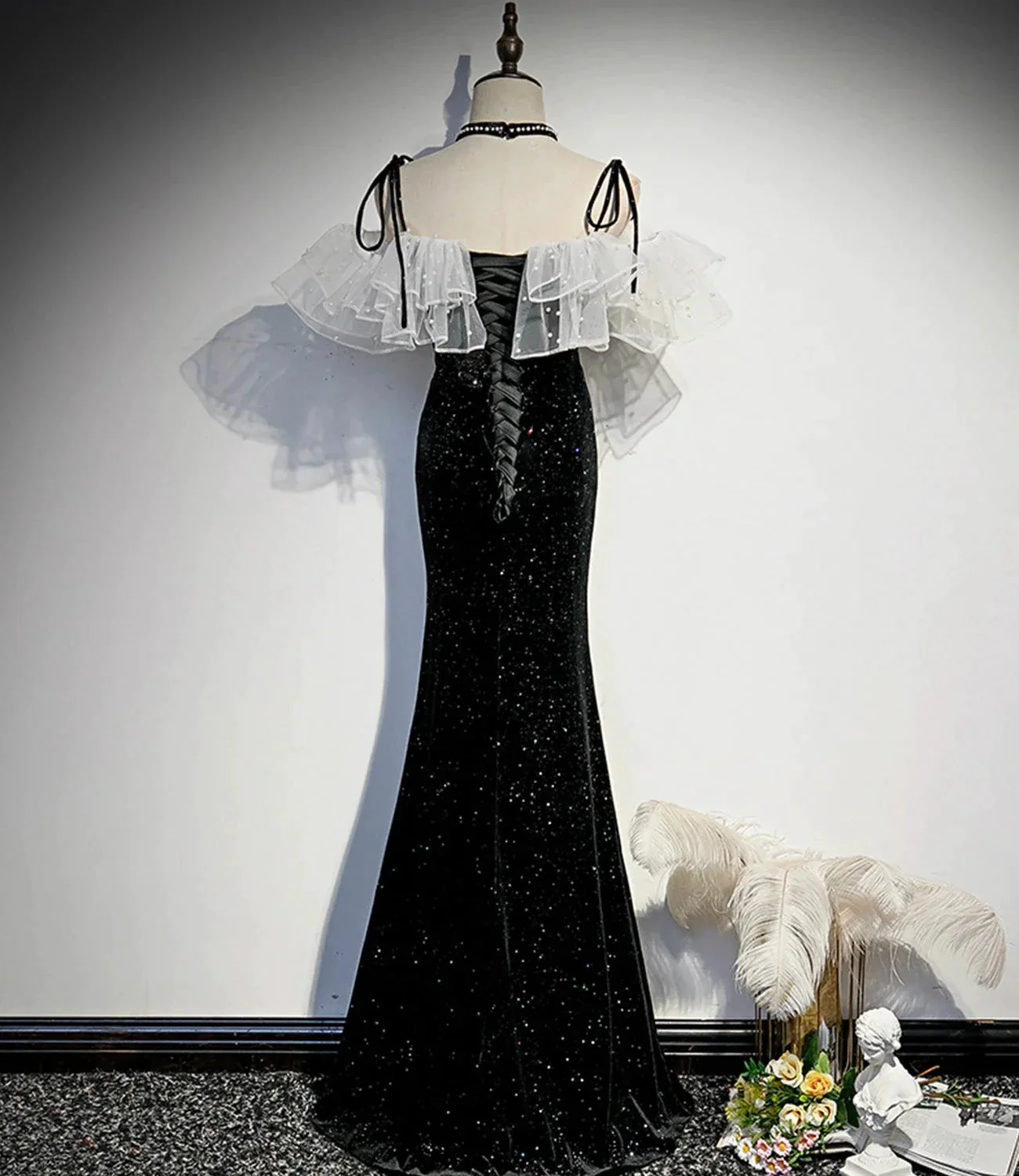 Black velvet long prom dress mermaid evening dress s57 - Image 3