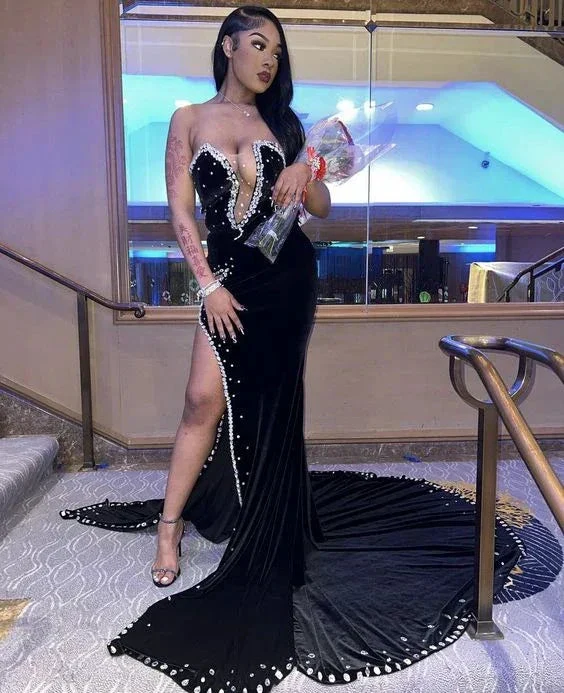 Black Velvet Prom Dresses Long Mermaid Formal Party Gowns Evening Dress Y6518 - Image 2