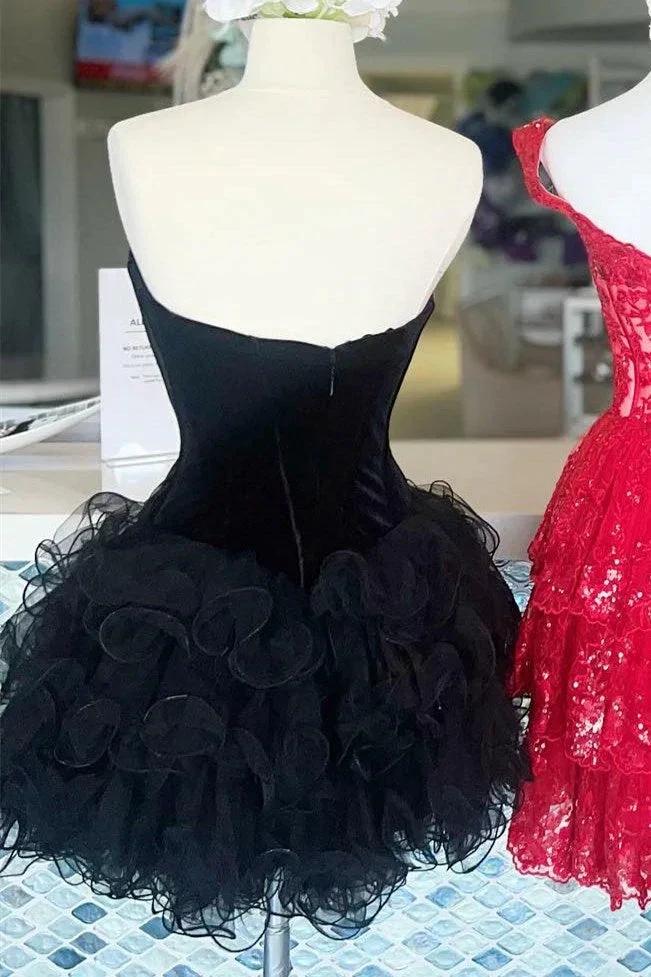Black Velvet Strapless Ruffles Short Homecoming Dress - Image 3