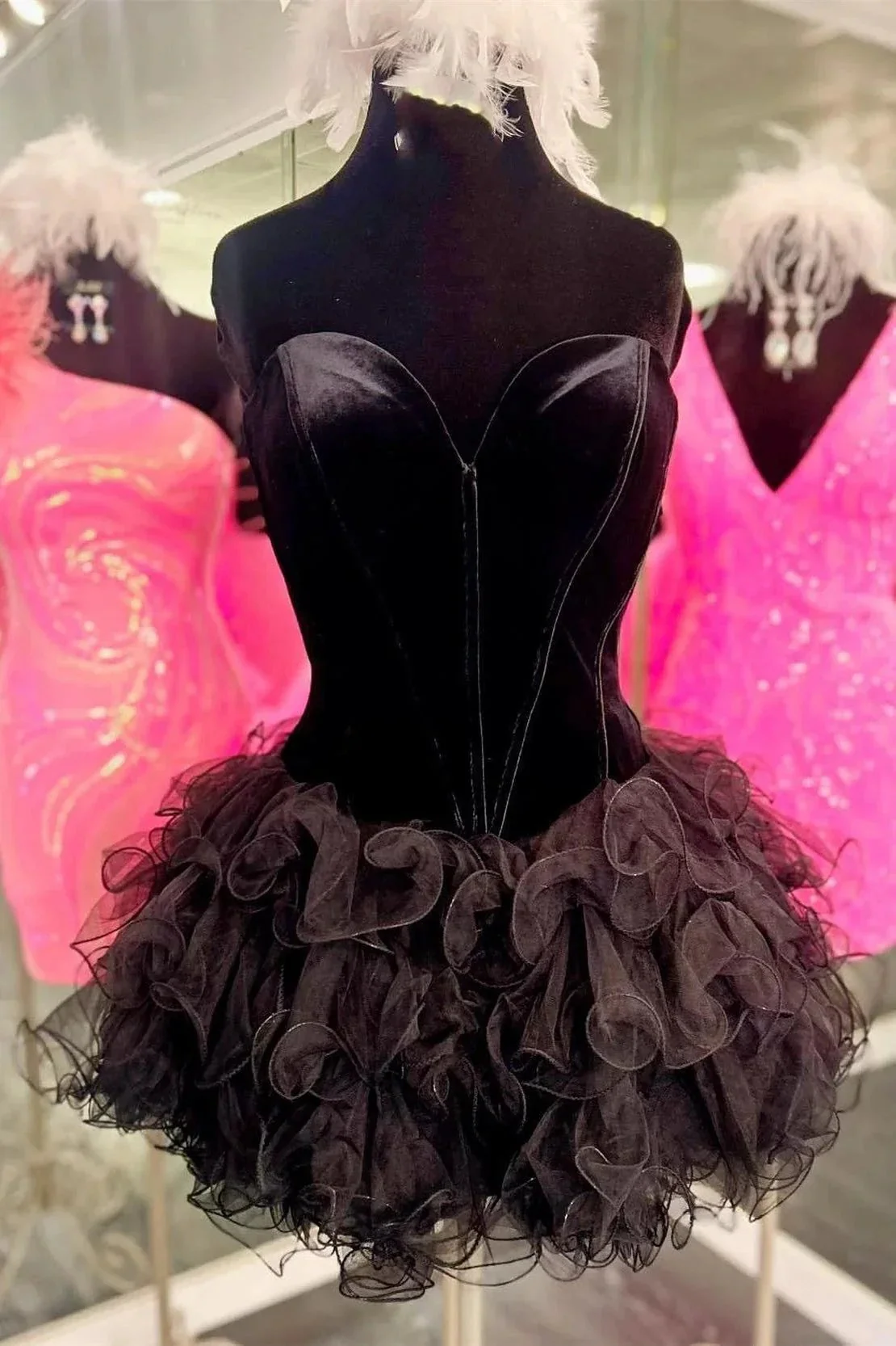 Black Velvet Strapless Ruffles Short Homecoming Dress - Image 4