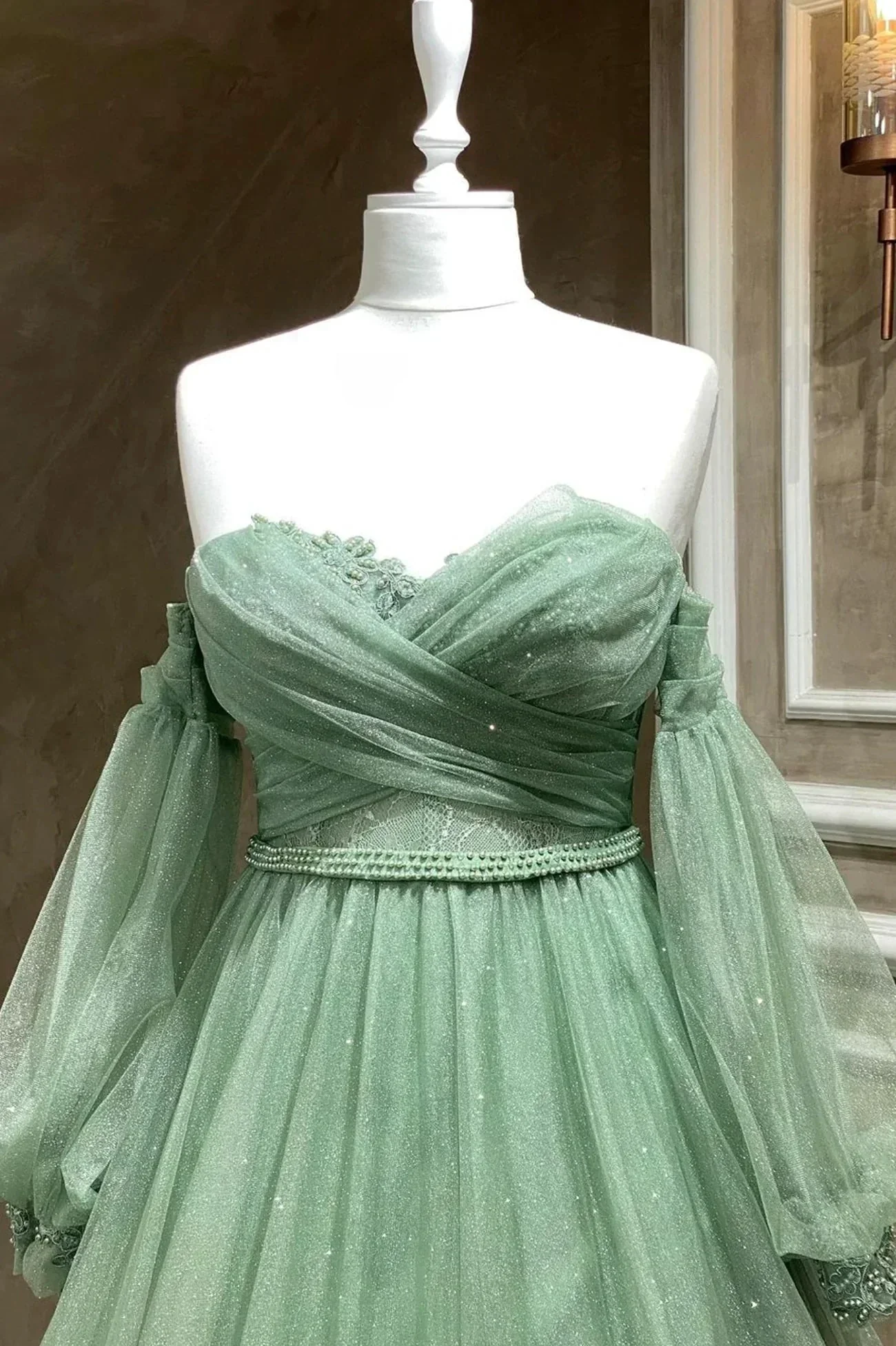 Bling Green Tulle Puffy Sleeves Formal Dresses A Line Green Long Evening Gown Y7981 - Image 2