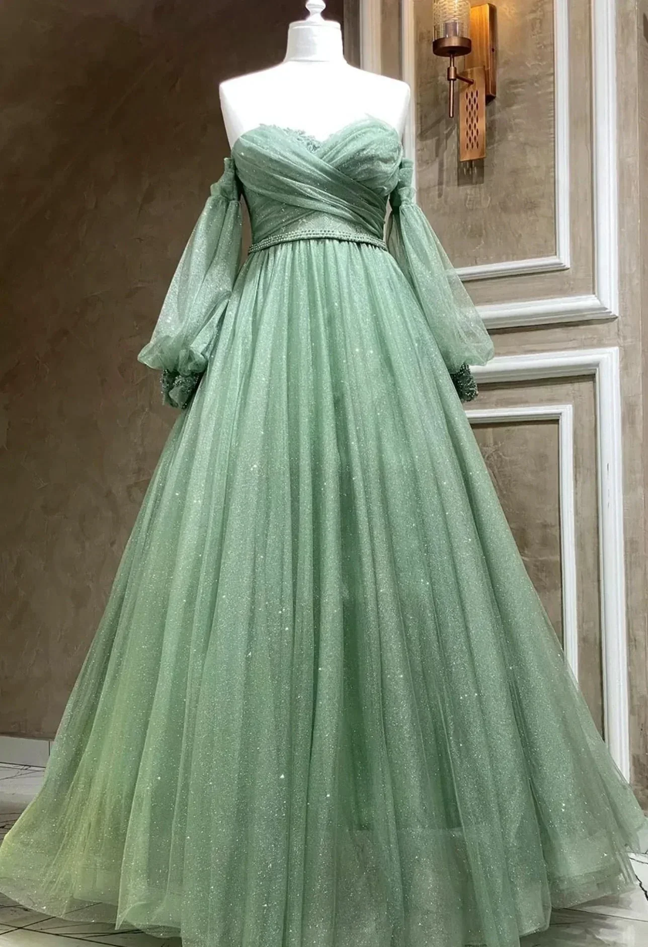 Bling Green Tulle Puffy Sleeves Formal Dresses A Line Green Long Evening Gown Y7981 - Image 3