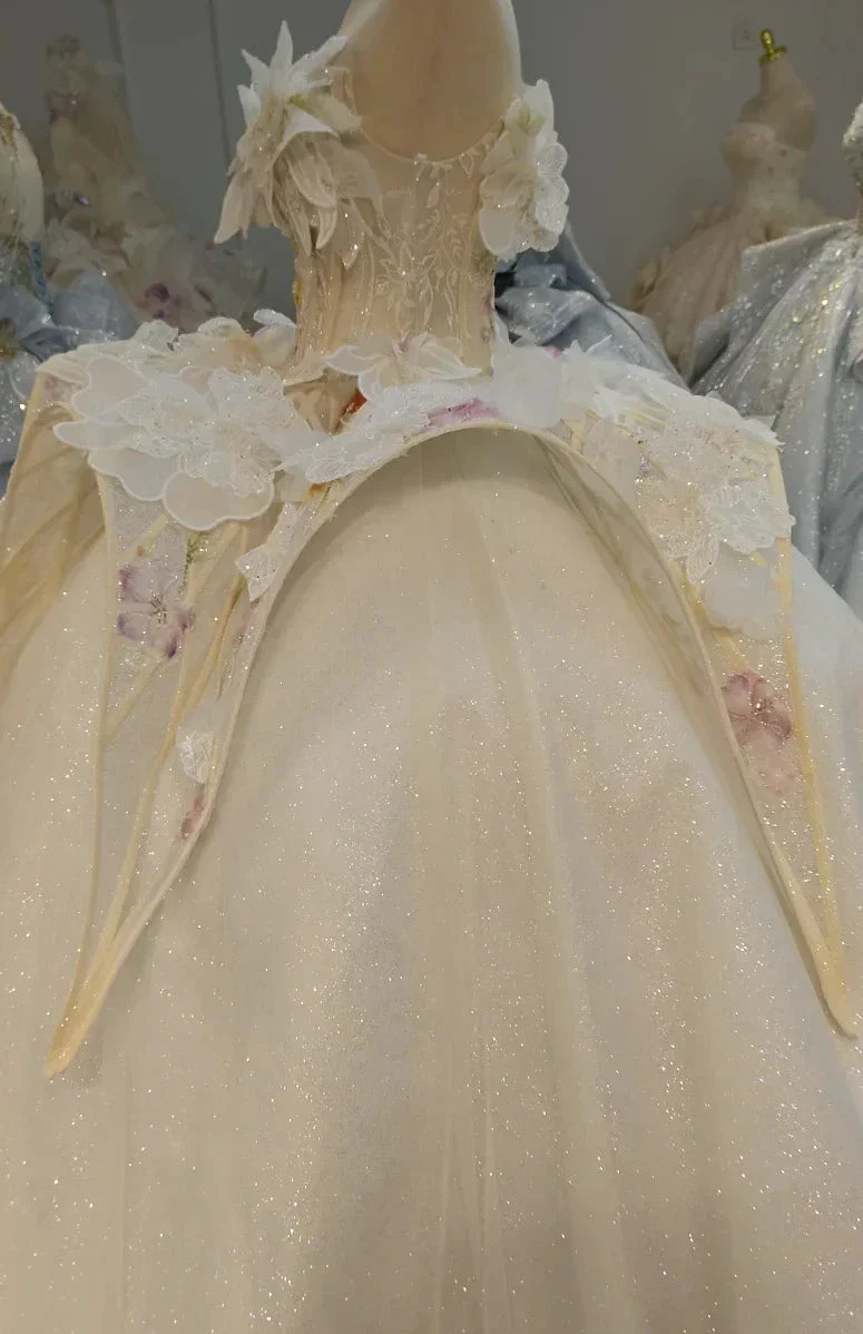 Ethereal Sweetheart Ball Gown Wedding Dress with 3D Floral Appliqués, Sequin Tulle & Corset Lace-Up Back Ye-2037 - Image 3