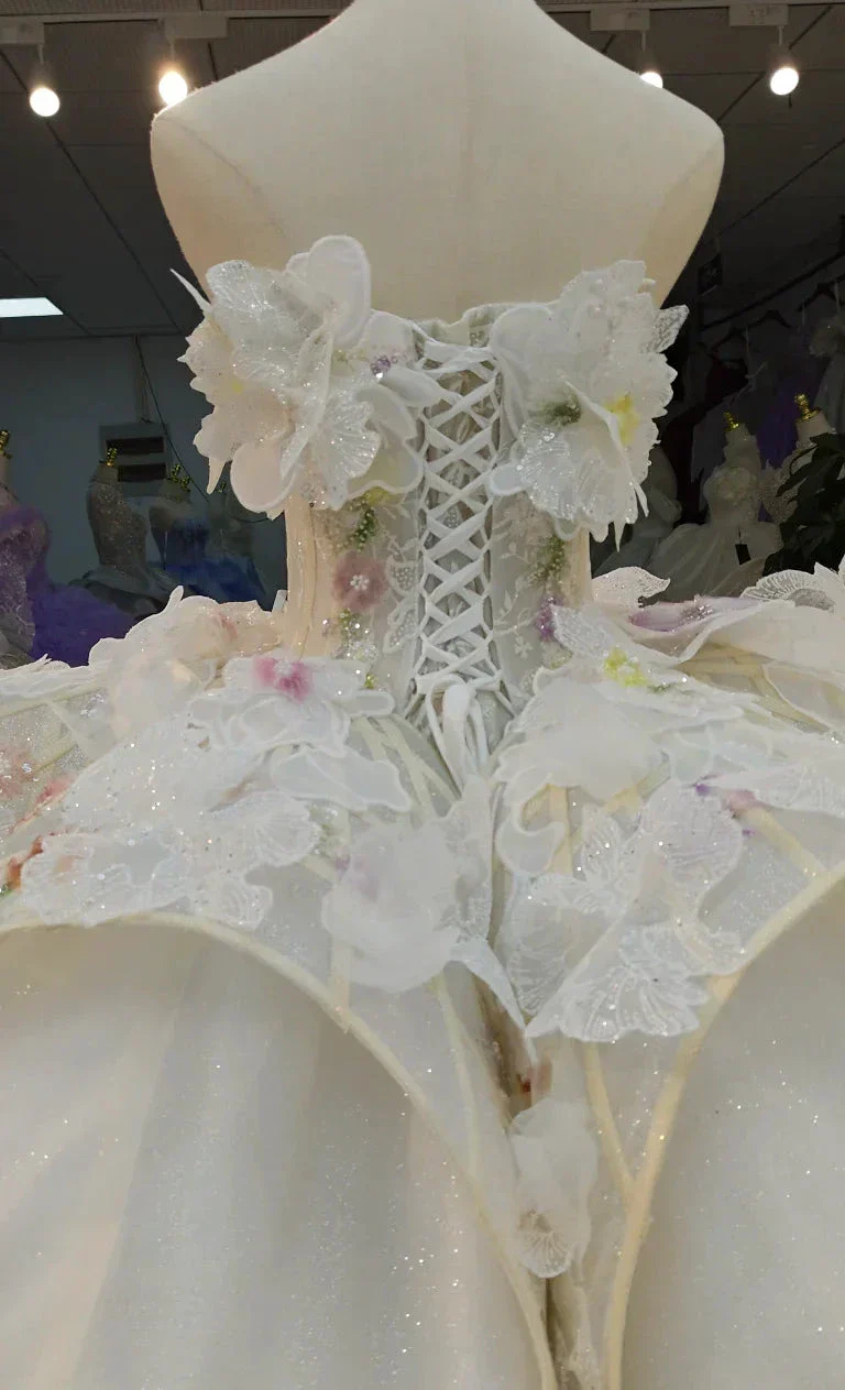 Ethereal Sweetheart Ball Gown Wedding Dress with 3D Floral Appliqués, Sequin Tulle & Corset Lace-Up Back Ye-2037 - Image 4