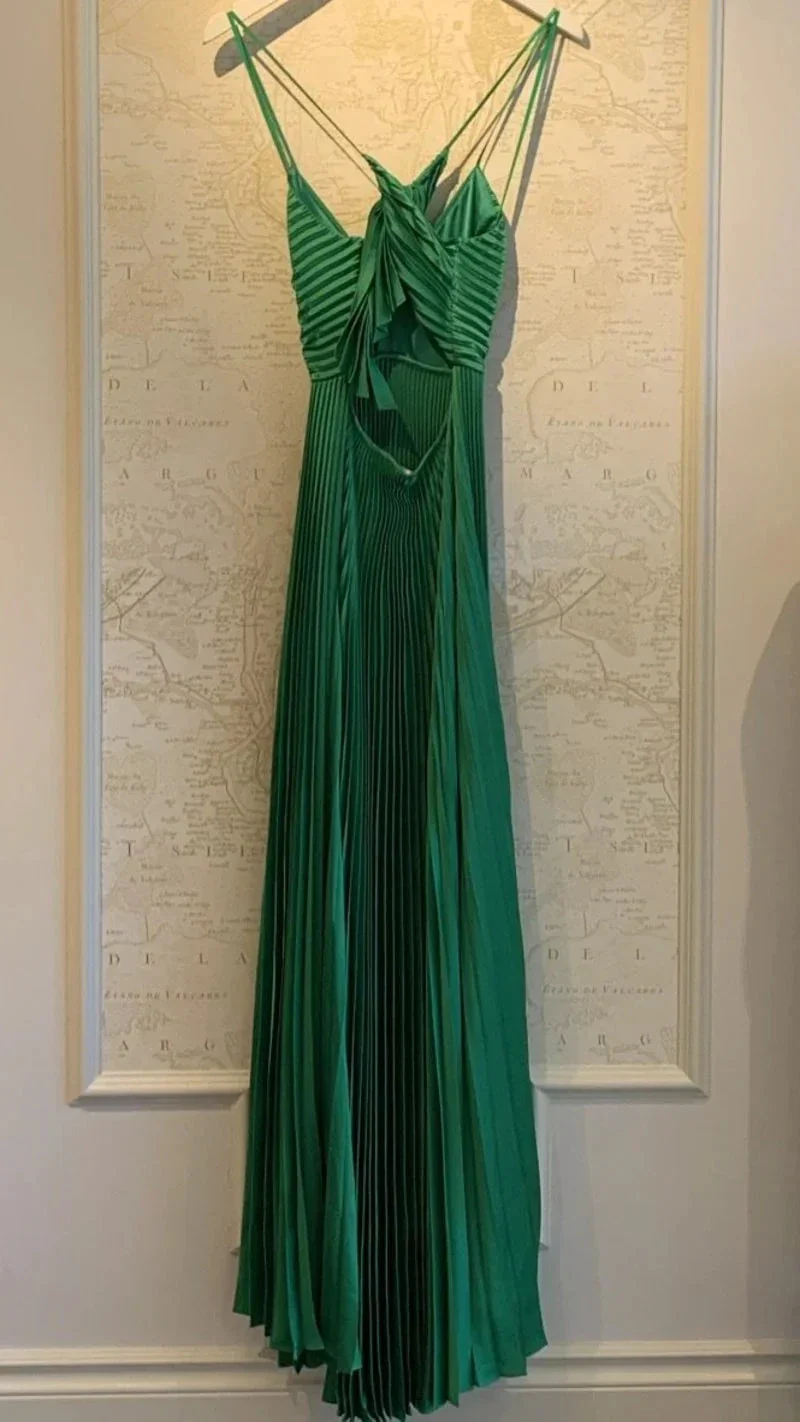 Green Long Pleated Tie Back Evening Dress Y4000 - Image 6