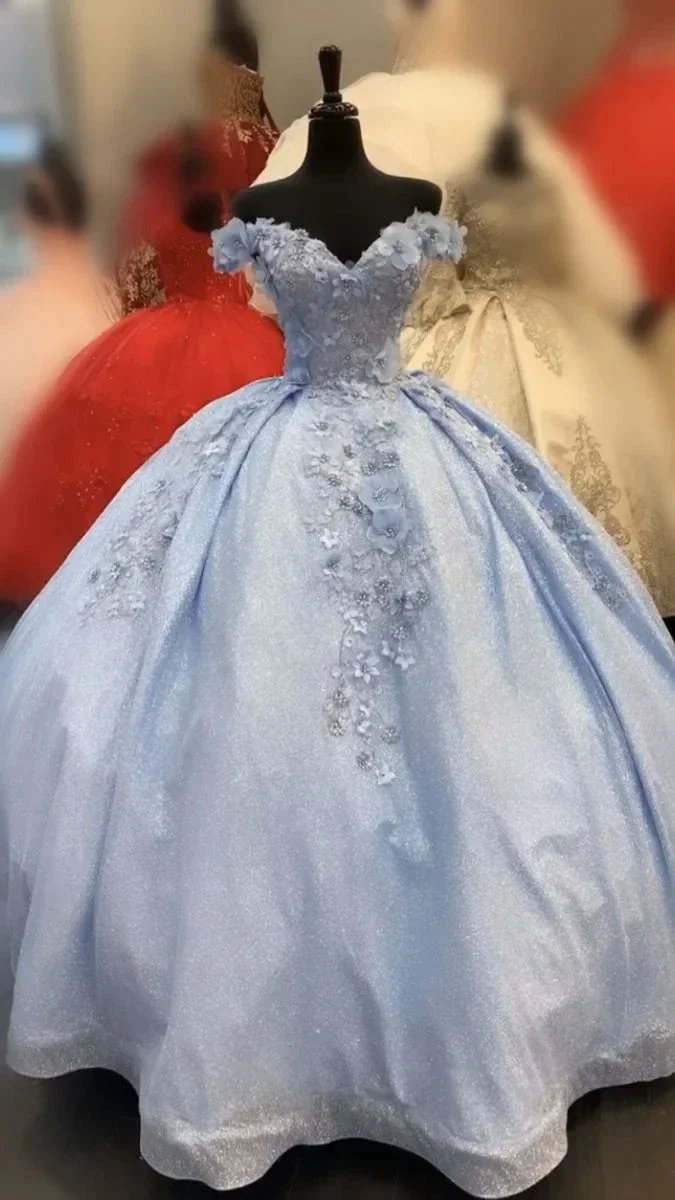 Blue 3D Flowers Puffy Ball Gown Quinceanera Dresses Off The Shoulder Pageant Dress Y4209 - Image 2