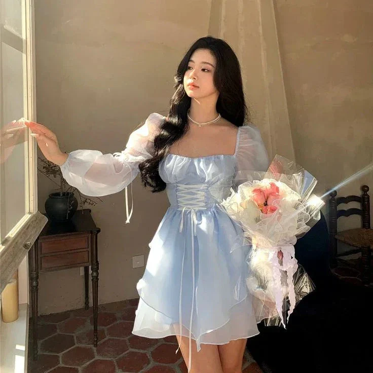 Blue A-line Princess Dress Blue Long Sleeves Homecoming Dress Blue Fairy Dress Y6083 - Image 2
