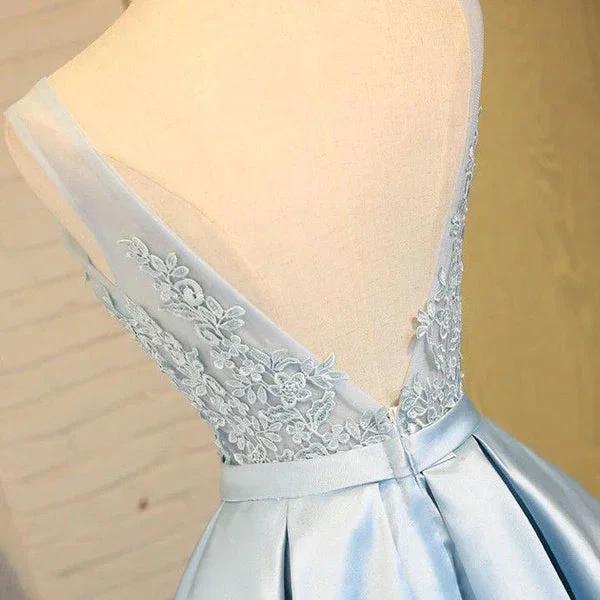 Blue A Line Princess V Neck Backless Appliques Homecoming Dresses - Image 3