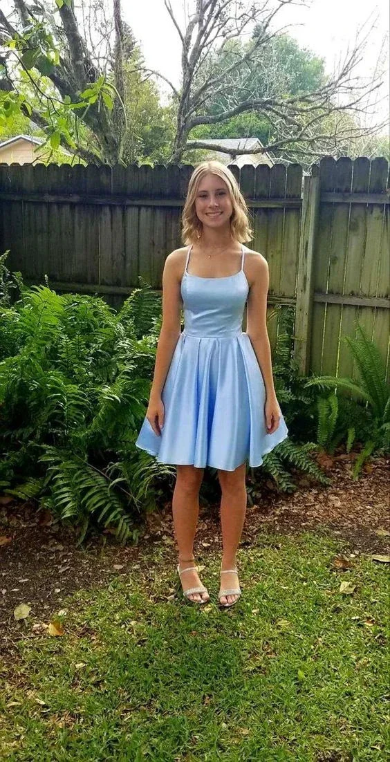 Blue A-line Satin Homecoming Dress 18th Graduation Dress Y4040 - Image 2