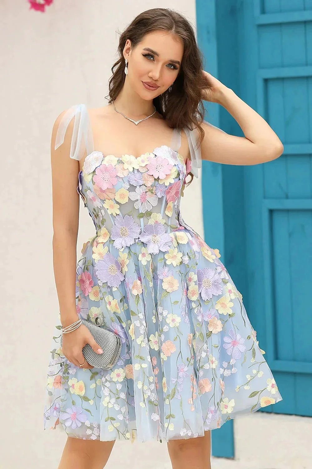 Blue A Line Spaghetti Straps Corset Homecoming Dress with 3D Flowers - Image 3