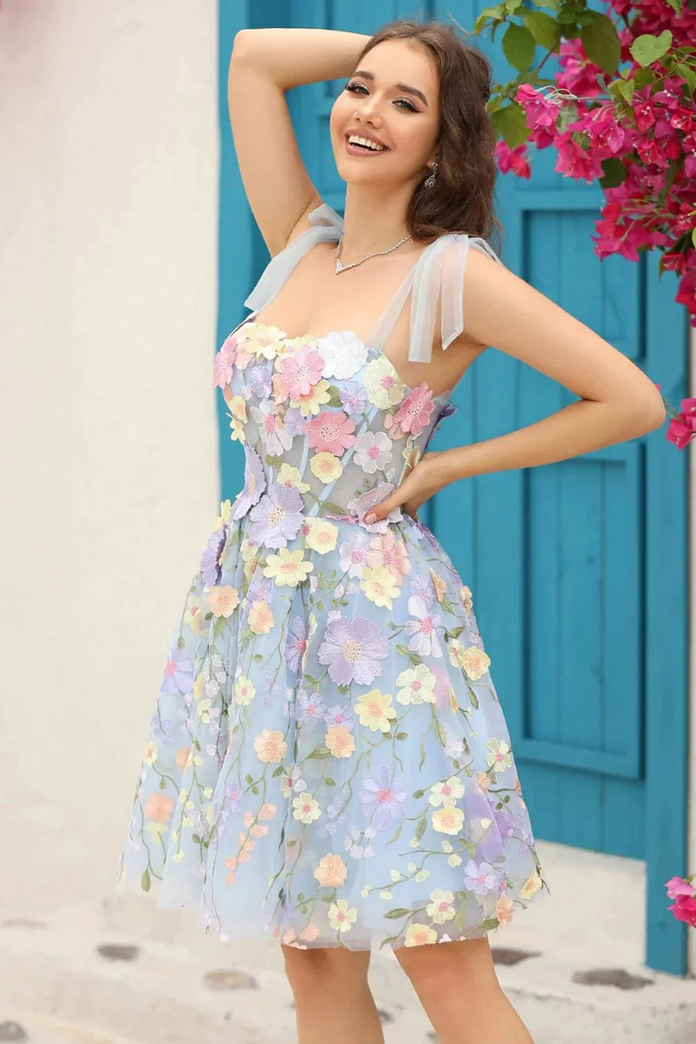 Blue A Line Spaghetti Straps Corset Homecoming Dress with 3D Flowers - Image 4