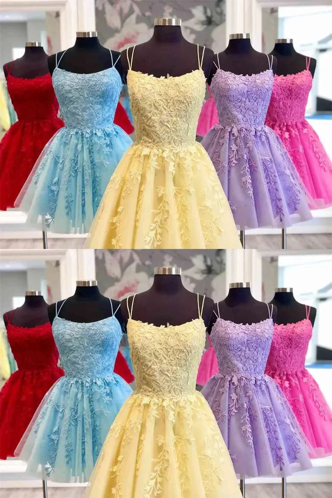 Blue A-line Spaghetti Straps Lace Short Prom Dresses Homecoming Dresses - Image 2