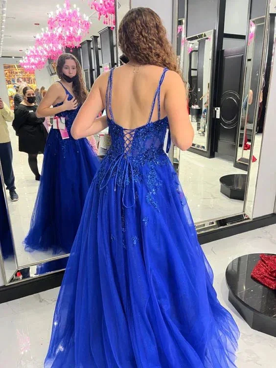 Blue A-line Tulle Appliques Prom Dress Blue Evening Dress Y6450 - Image 2