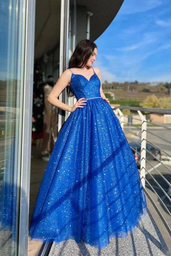 Blue A-Line Tulle Long Prom Dress Sparkly Formal Evening Dresses PSK394 - Image 2