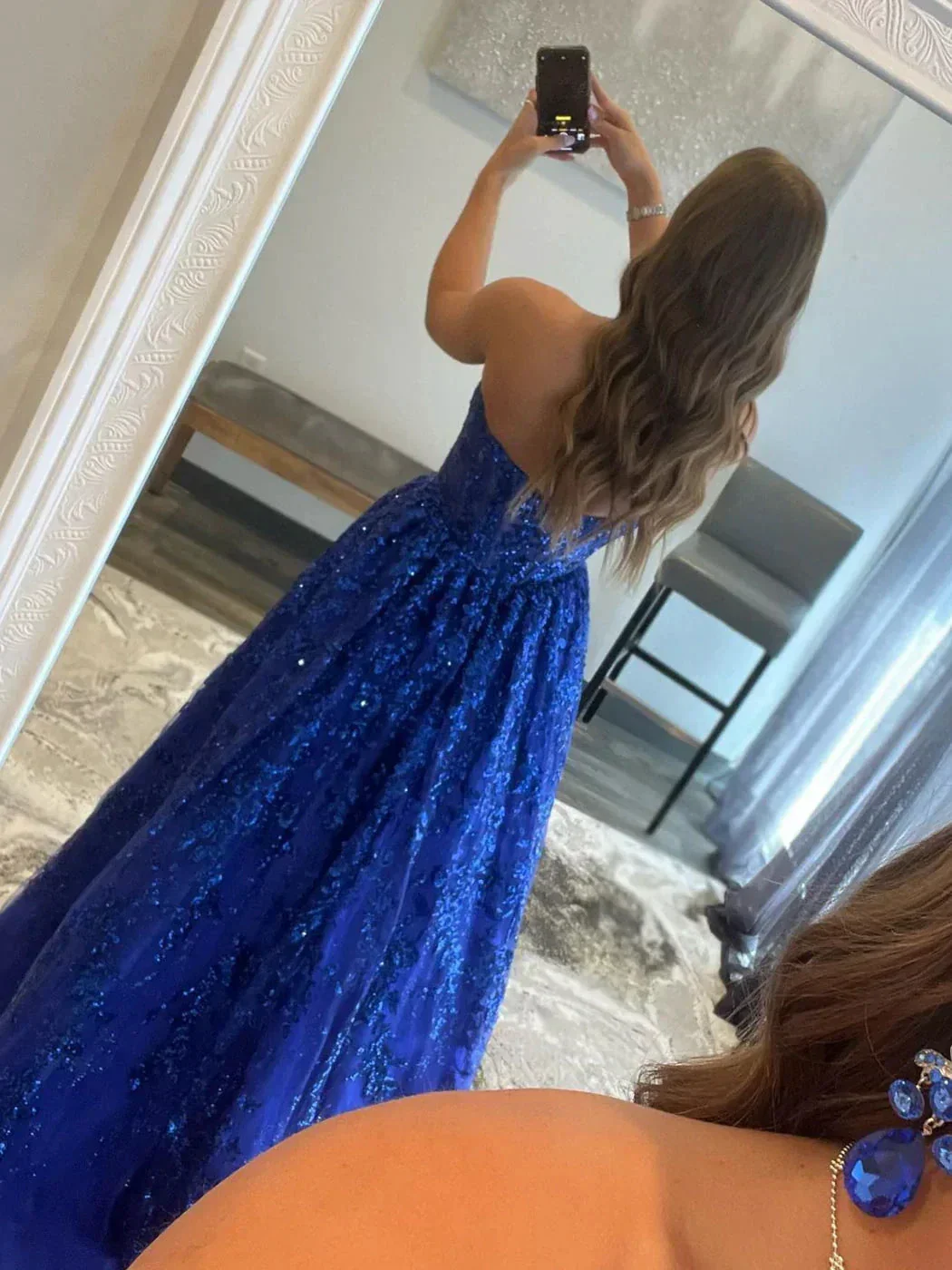 Blue A line tulle sequin long prom dress, blue tulle evening dress Y249 - Image 3