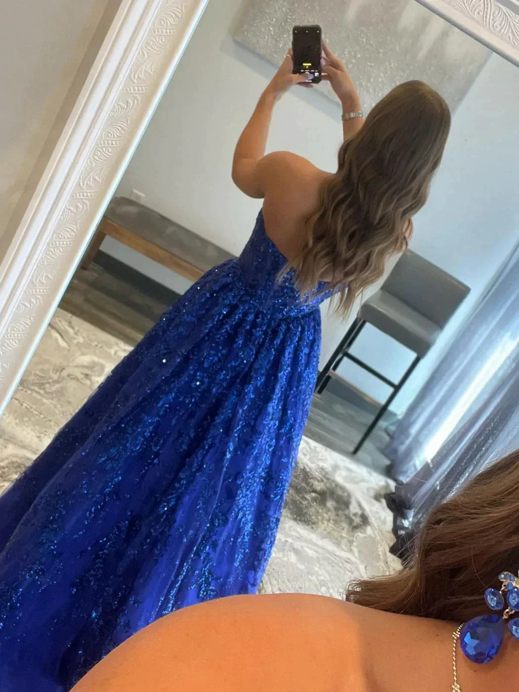 Blue A line tulle sequin long prom dress, blue tulle evening dress Y3065 - Image 2