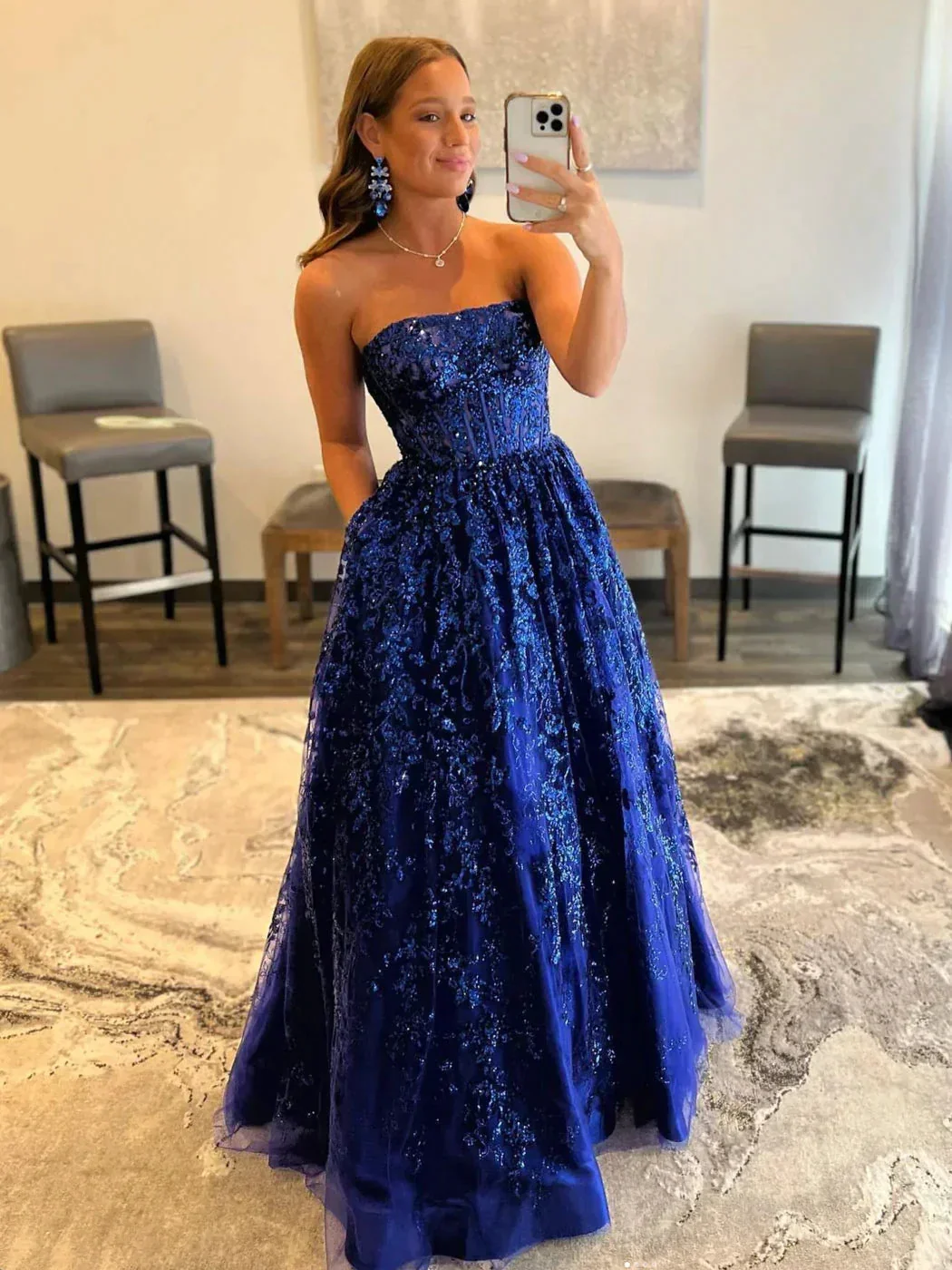 Blue A line tulle sequin long prom dress, blue tulle evening dress Y3065 - Image 4