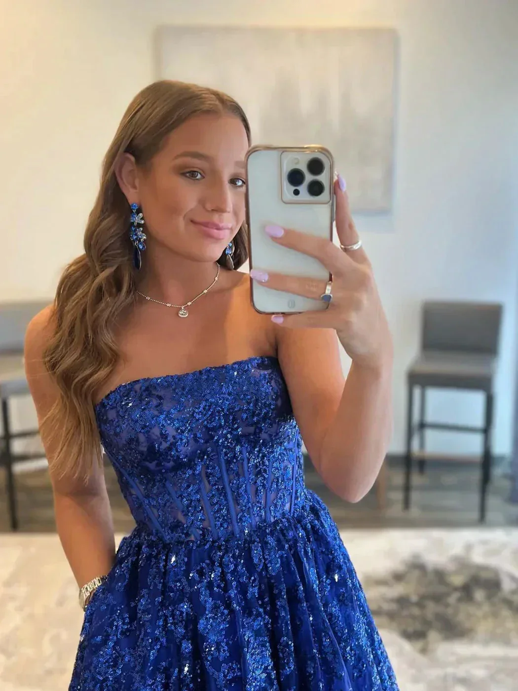 Blue A line tulle sequin long prom dress, blue tulle evening dress Y359 - Image 2
