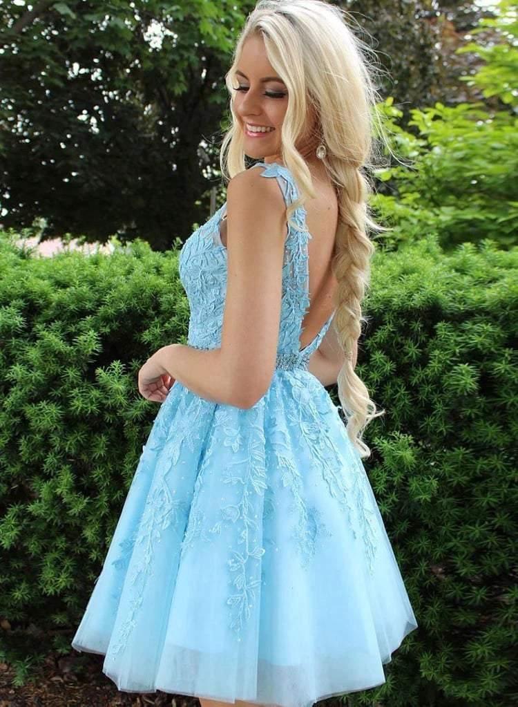 Blue Appliques Beaded Sleeveless A Line Tulle Short Homecoming Dresses  PD255 - Image 10
