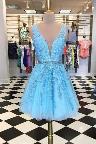 Blue Appliques Beaded Sleeveless A Line Tulle Short Homecoming Dresses  PD255 - Image 3