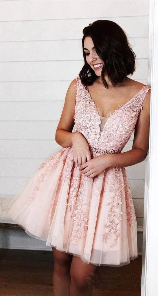 Blue Appliques Beaded Sleeveless A Line Tulle Short Homecoming Dresses  PD255 - Image 8