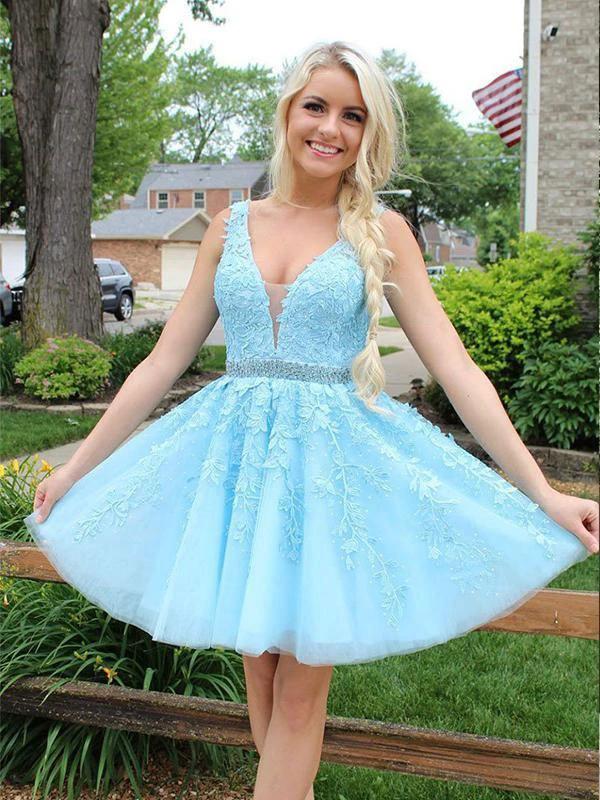 Blue Appliques Beaded Sleeveless A Line Tulle Short Homecoming Dresses  PD255 - Image 9
