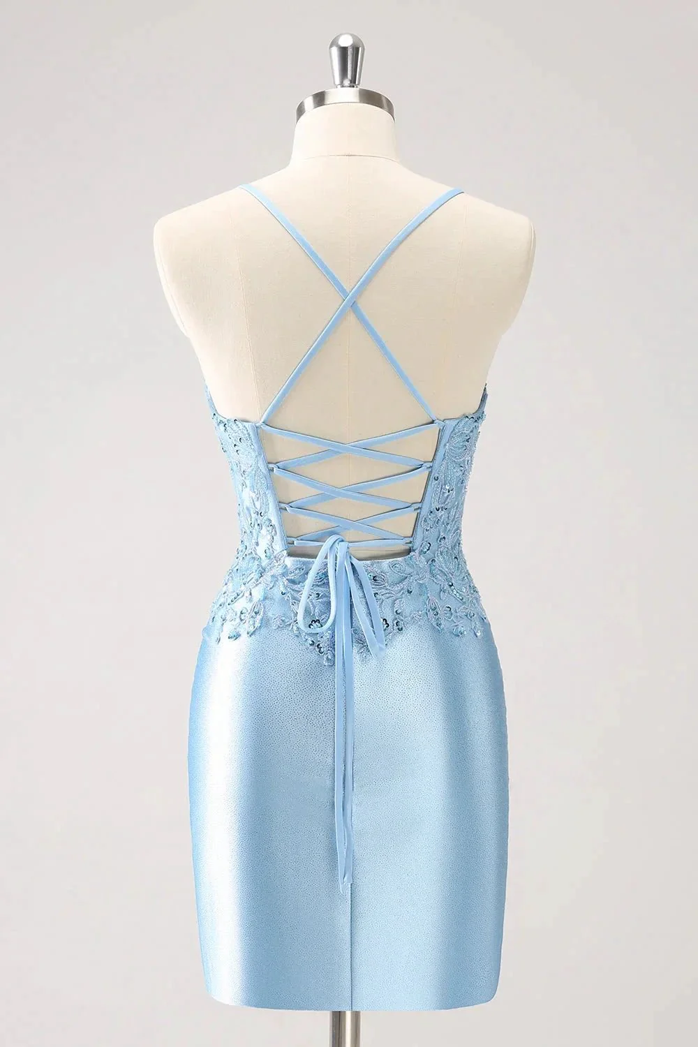 Blue Bodycon Lace Up Back Sequin Short Homecoming Dress with Appliques - Image 2