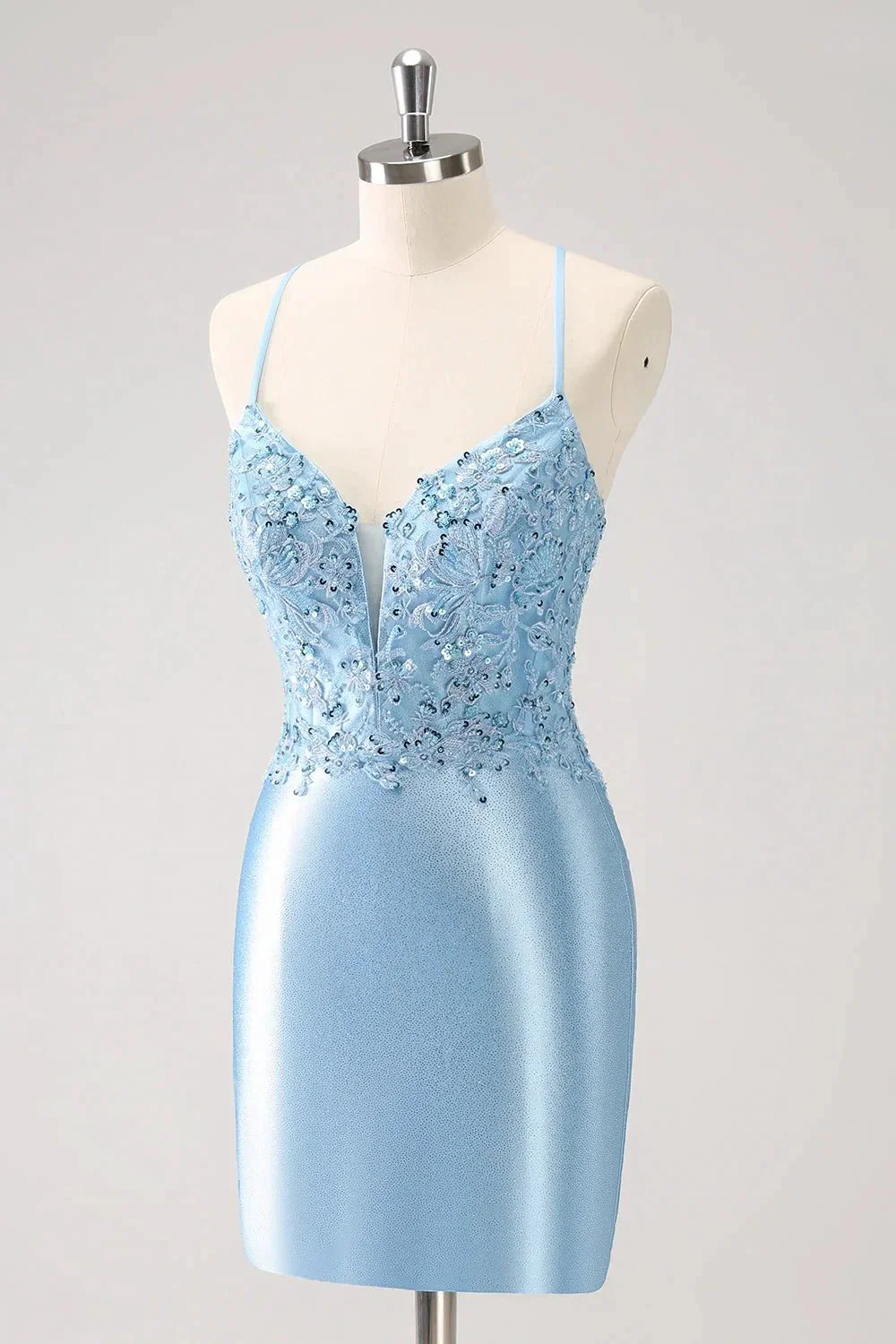 Blue Bodycon Lace Up Back Sequin Short Homecoming Dress with Appliques - Image 3