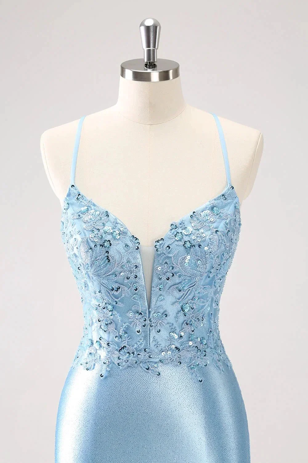 Blue Bodycon Lace Up Back Sequin Short Homecoming Dress with Appliques - Image 4
