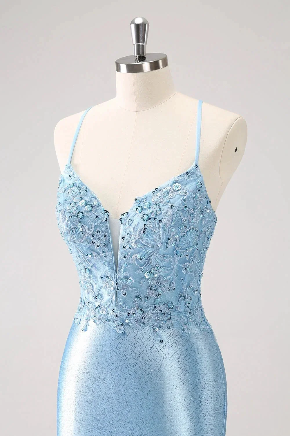 Blue Bodycon Lace Up Back Sequin Short Homecoming Dress with Appliques - Image 6