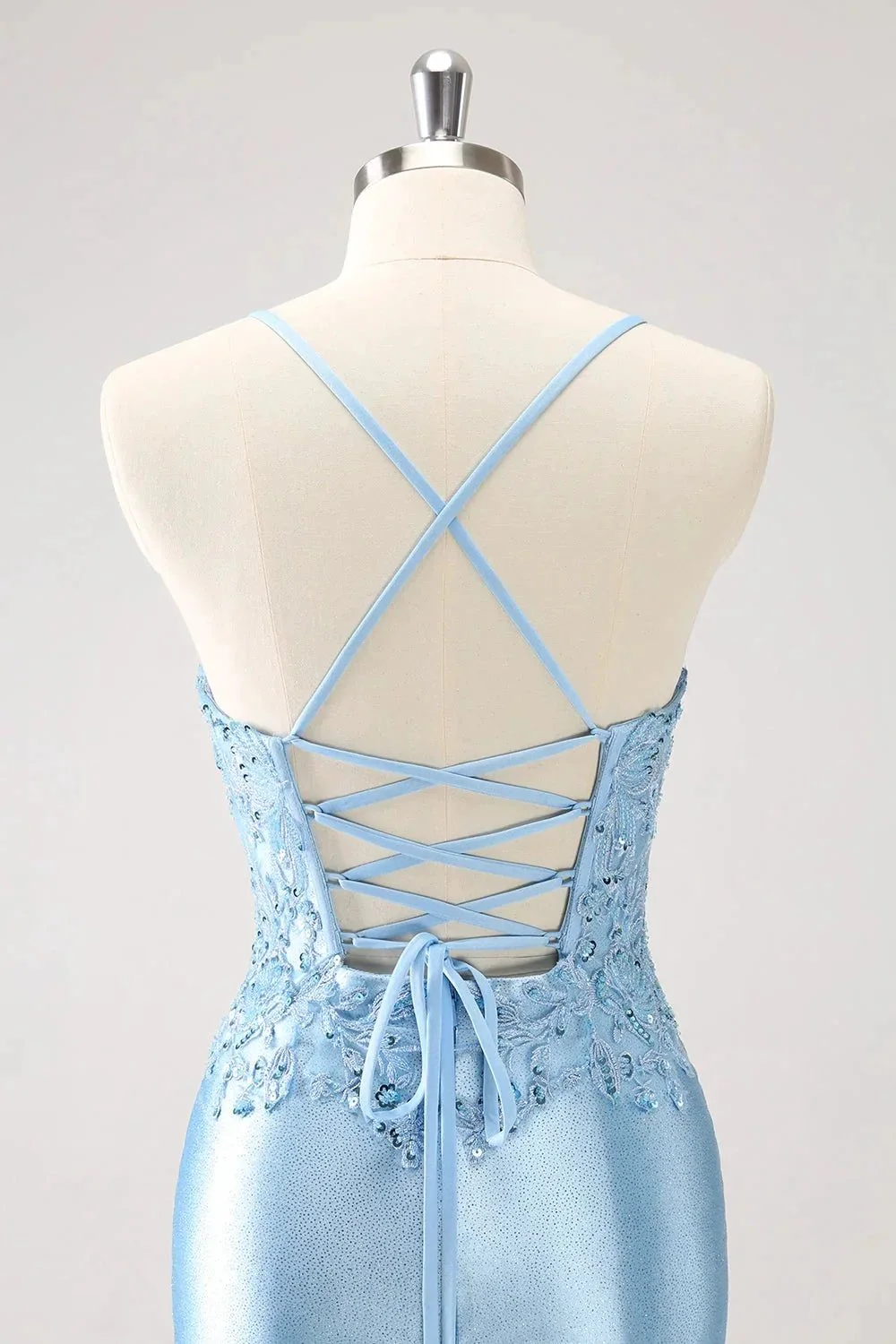 Blue Bodycon Lace Up Back Sequin Short Homecoming Dress with Appliques - Image 7