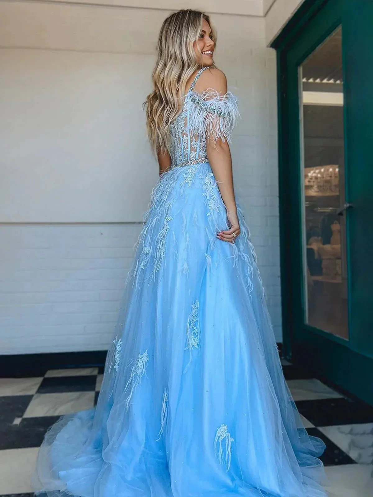 Amalia |A line V Neck Lace Tulle Prom Dress with Beading and Feather - Image 2