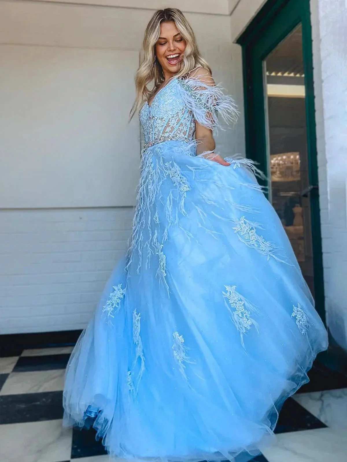 Amalia |A line V Neck Lace Tulle Prom Dress with Beading and Feather - Image 3