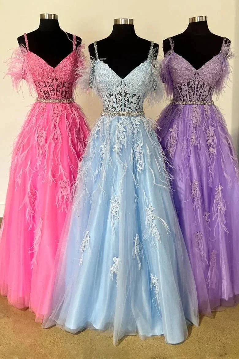 Amalia |A line V Neck Lace Tulle Prom Dress with Beading and Feather - Image 4