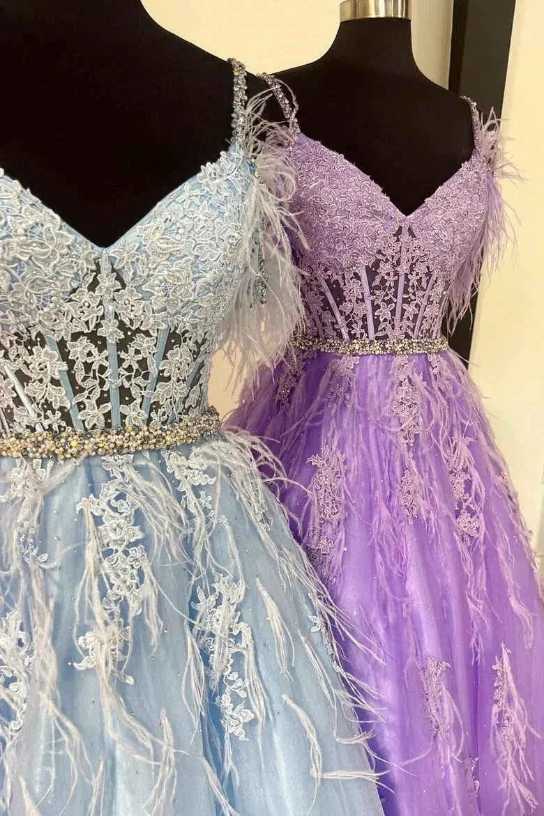 Amalia |A line V Neck Lace Tulle Prom Dress with Beading and Feather - Image 5