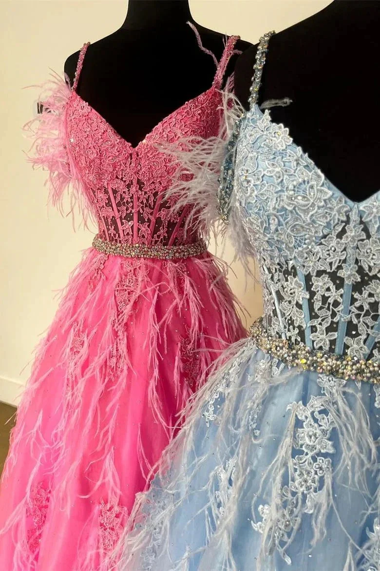Amalia |A line V Neck Lace Tulle Prom Dress with Beading and Feather - Image 6