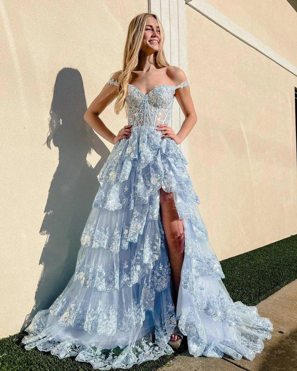 Capri | Blue Crystal Sequins Princess A Line Off the Shoulder Prom Dress with Lace Ruffles - Image 10