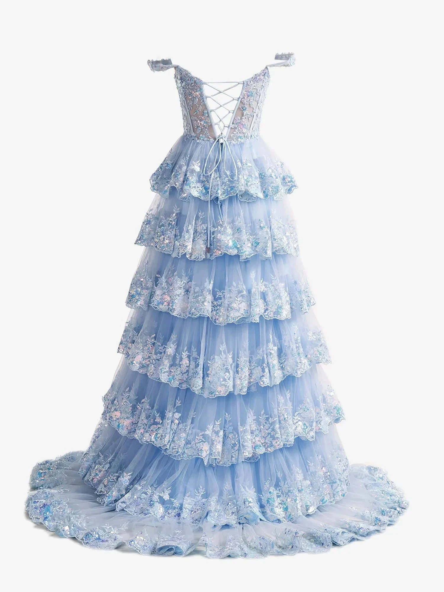 Capri | Blue Crystal Sequins Princess A Line Off the Shoulder Prom Dress with Lace Ruffles - Image 2