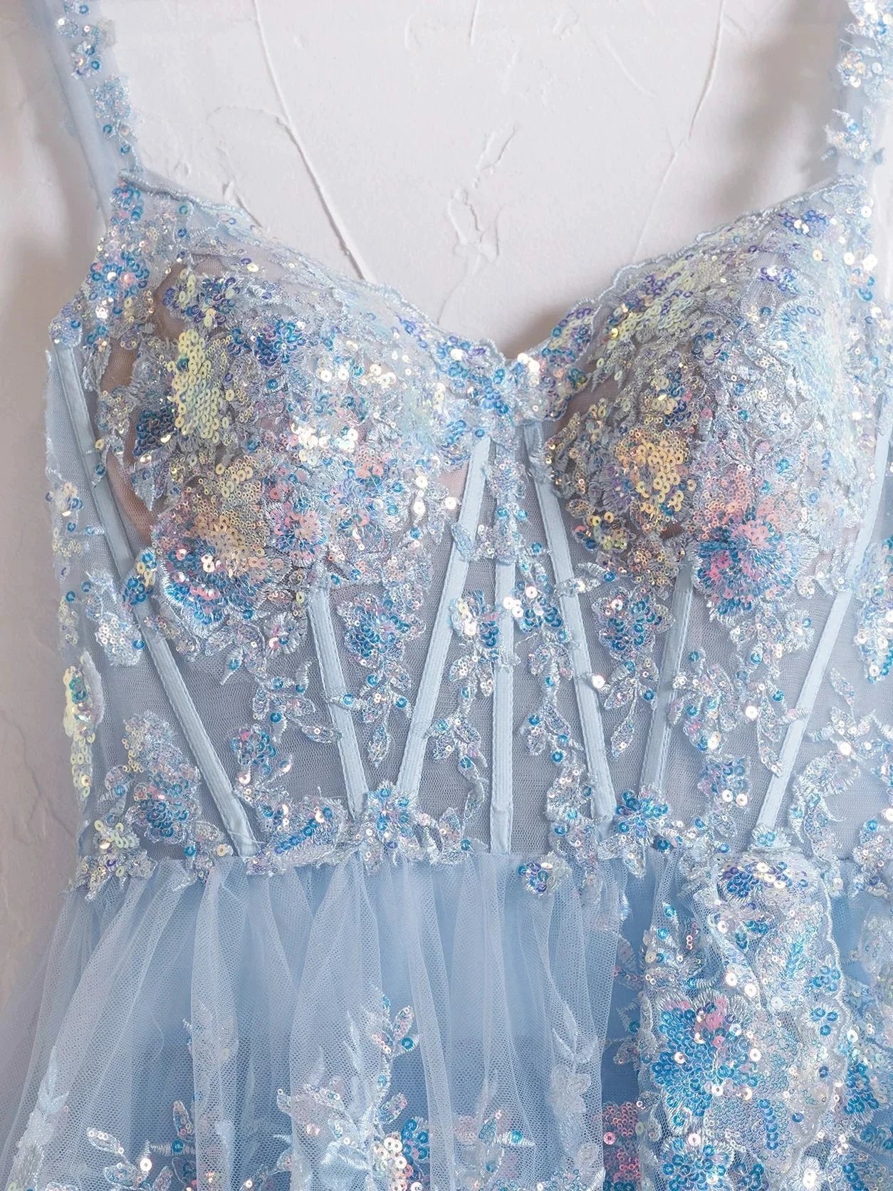 Capri | Blue Crystal Sequins Princess A Line Off the Shoulder Prom Dress with Lace Ruffles - Image 3