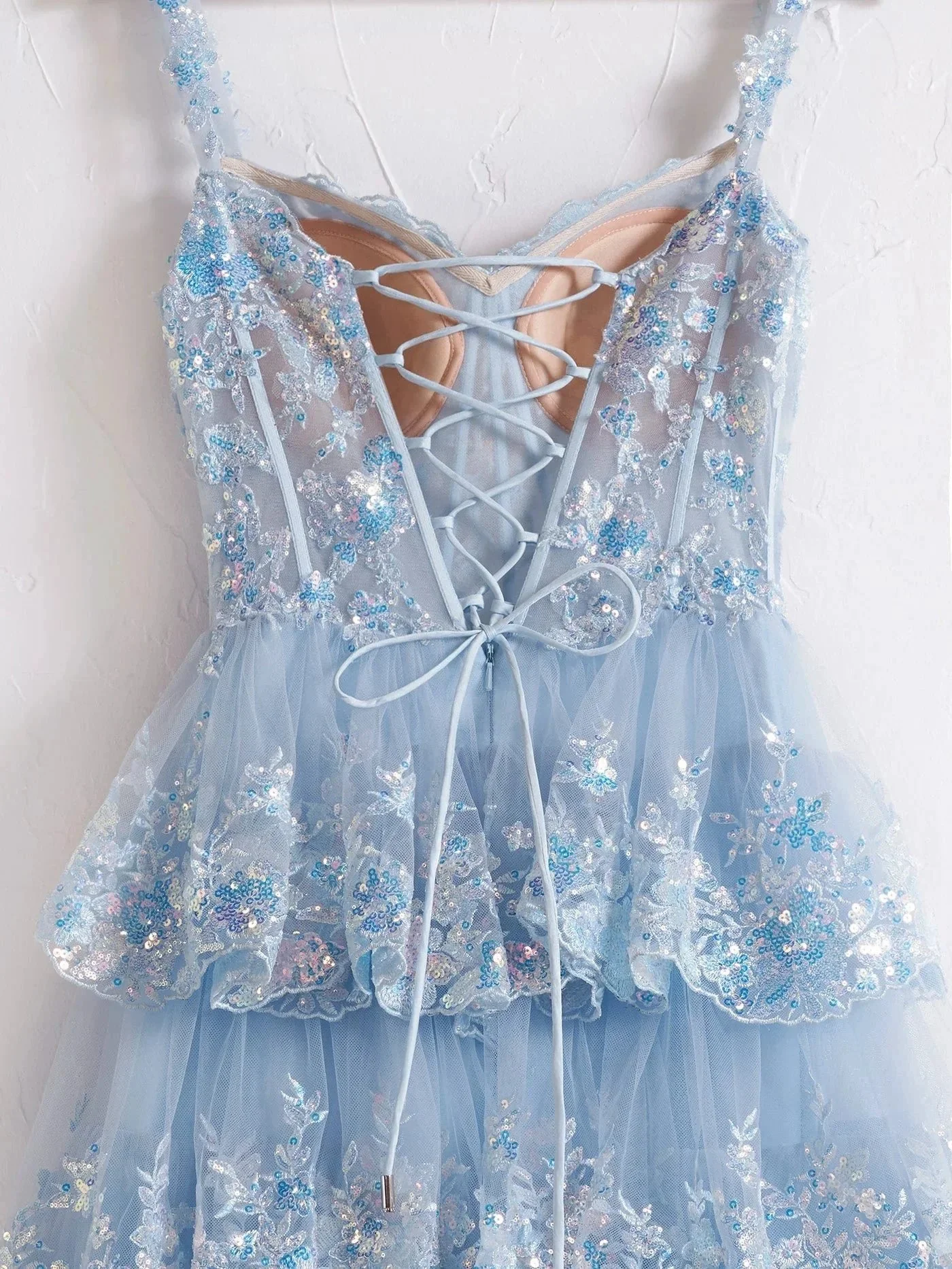 Capri | Blue Crystal Sequins Princess A Line Off the Shoulder Prom Dress with Lace Ruffles - Image 4