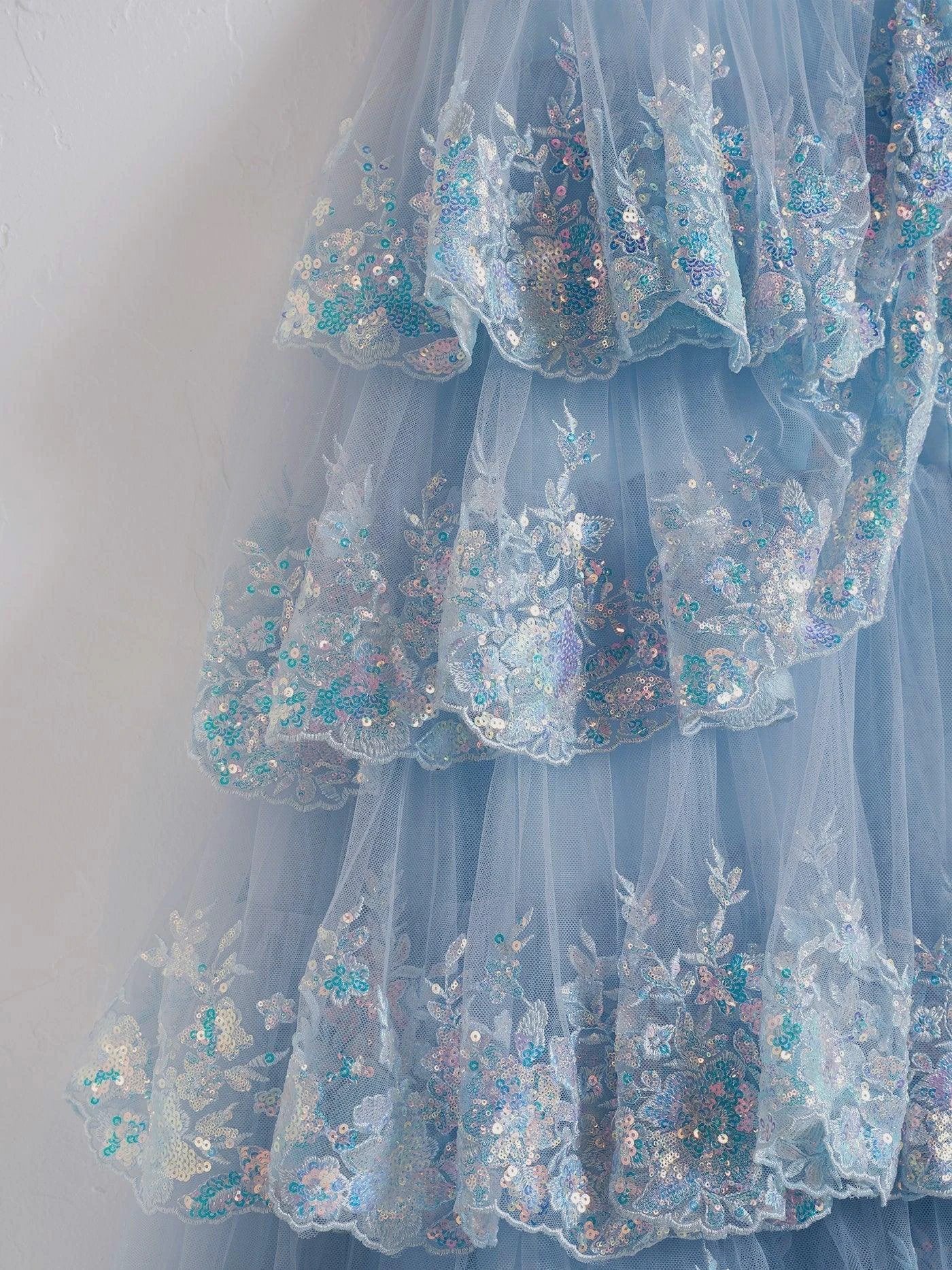 Capri | Blue Crystal Sequins Princess A Line Off the Shoulder Prom Dress with Lace Ruffles - Image 5
