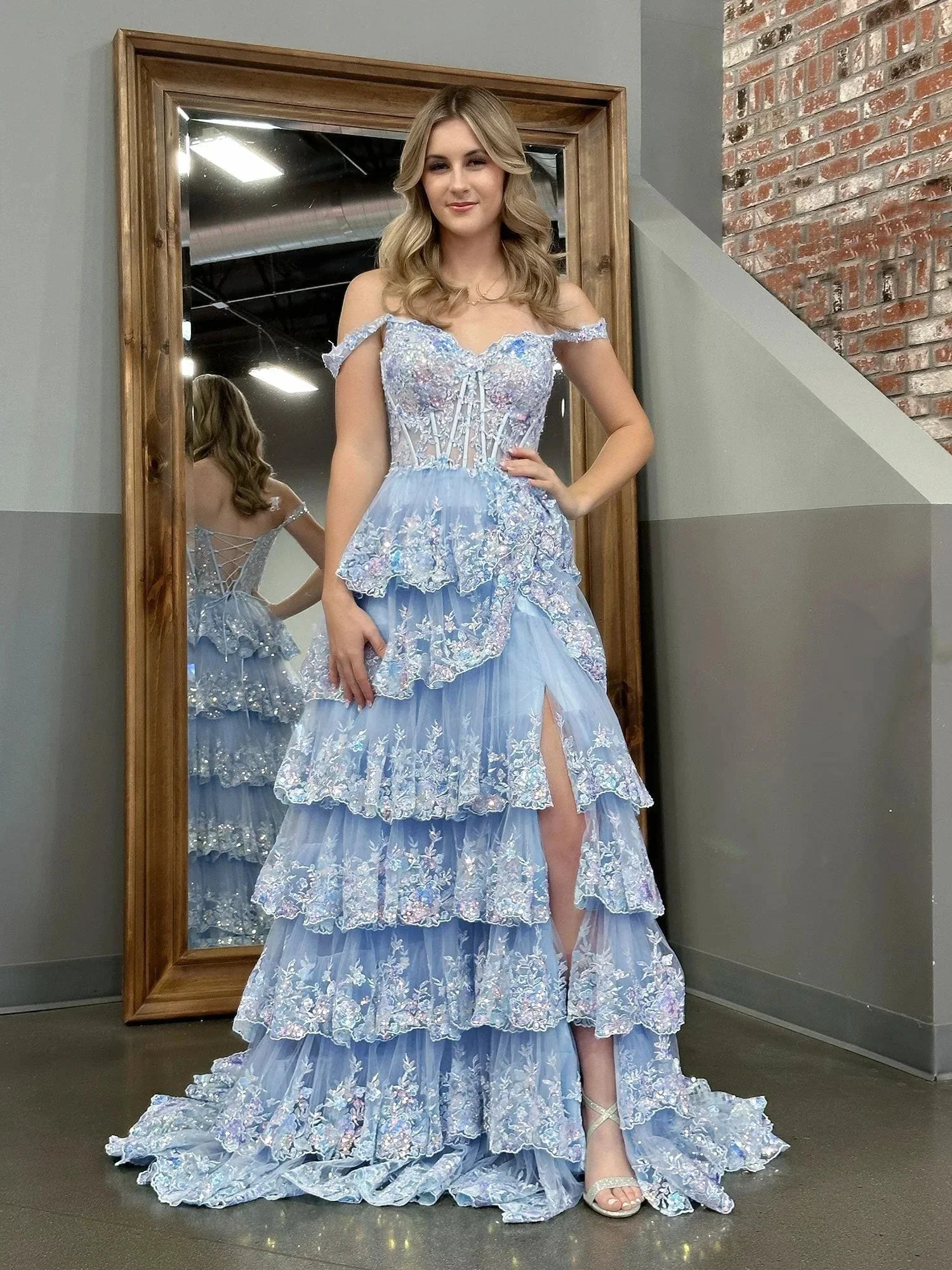Capri | Blue Crystal Sequins Princess A Line Off the Shoulder Prom Dress with Lace Ruffles - Image 6