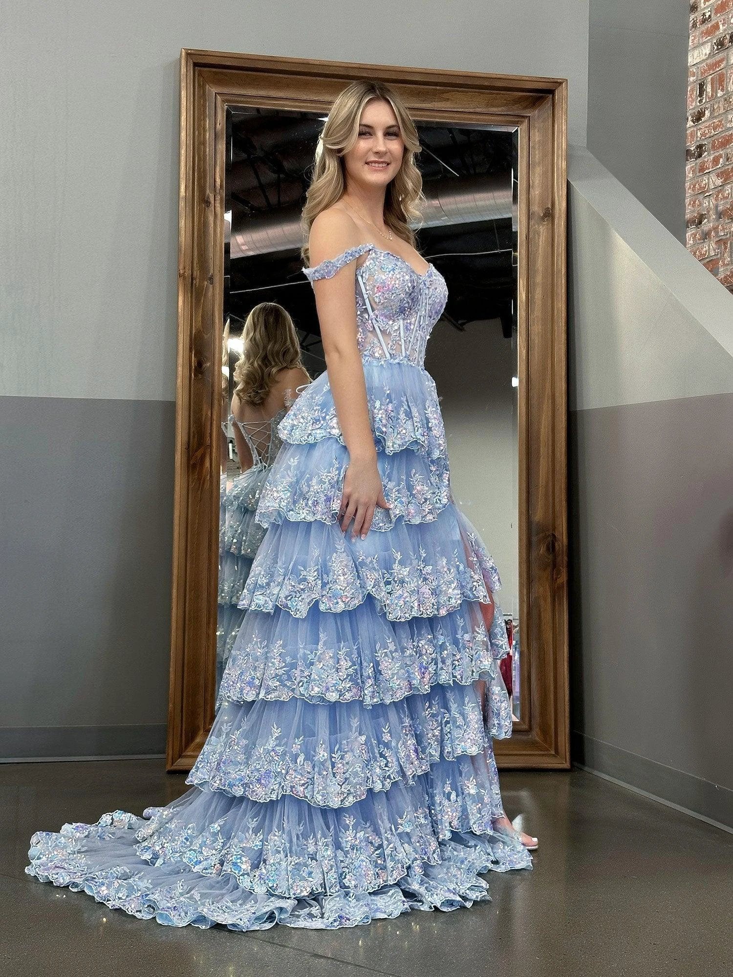 Capri | Blue Crystal Sequins Princess A Line Off the Shoulder Prom Dress with Lace Ruffles - Image 7